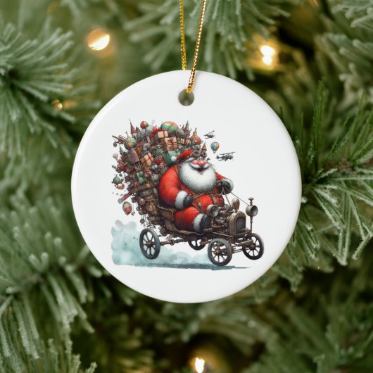 Der Weihnachtsmann in einem alten Go-Kart Keramik Ornament (Baum)