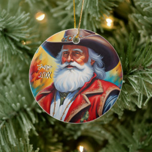 Der Weihnachtsmann in einem Cowboy hat Weihnachten Keramik Ornament