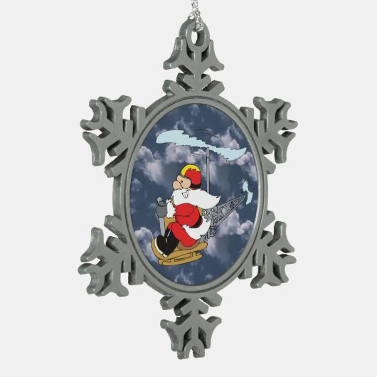 Der Weihnachtsmann in einem Hubschrauber Schneeflocken Zinn-Ornament (Links)