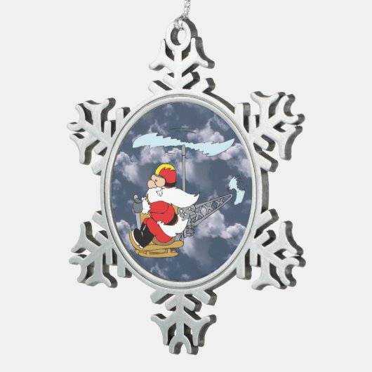 Der Weihnachtsmann in einem Hubschrauber Schneeflocken Zinn-Ornament (Rechts)