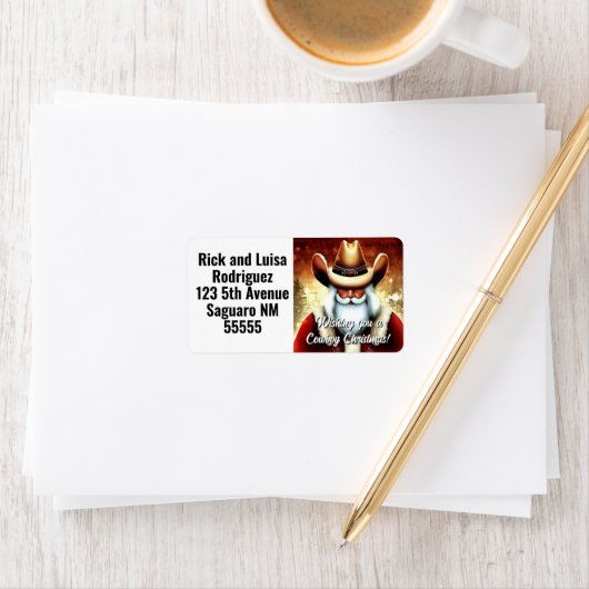 Der Weihnachtsmann in einem Western hat Weihnachte Adressaufkleber (Insitu)