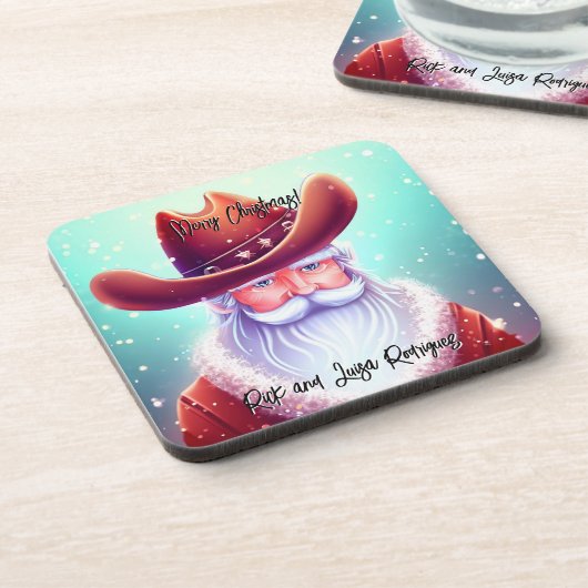 Der Weihnachtsmann in einem Western hat Weihnachte Getränkeuntersetzer (Linke Seite)