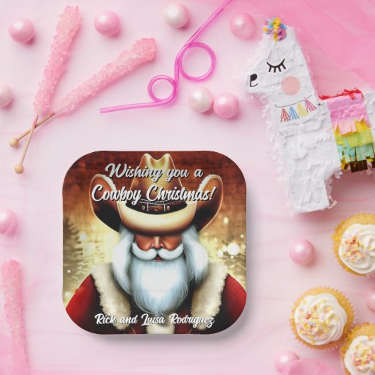 Der Weihnachtsmann in einem Western hat Weihnachte Pappteller (Party)