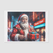 Der Weihnachtsmann in einer modernen Stadt bringt Seidenpapier (Vorderseite)