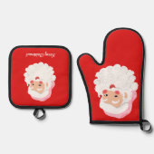 Der Weihnachtsmann in Rosa Hut auf Rot Ofenhandschuh & Topflappen-Set (Vorderseite)