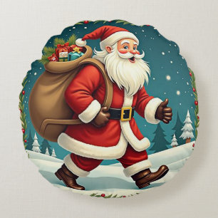 Der Weihnachtsmann liefert Geschenke durch den Sch Rundes Kissen
