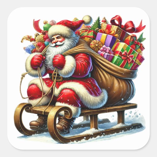 Der Weihnachtsmann liefert Geschenke für einen Sno Quadratischer Aufkleber (Vorderseite)