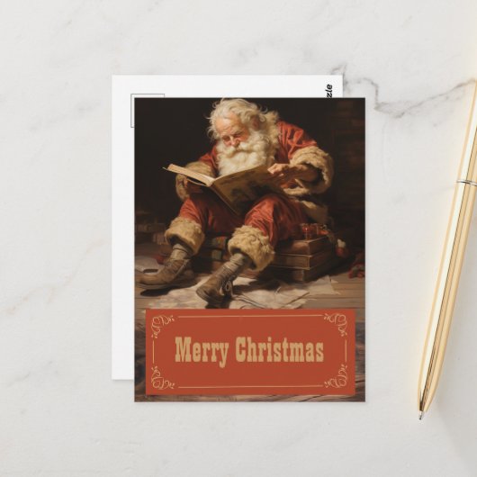 Der Weihnachtsmann liest das Buch Malerei Kunst Postkarte (Vorderseite/Rückseite Beispiel)