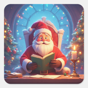 Der Weihnachtsmann liest ein Buch bei Kerzenlicht Quadratischer Aufkleber