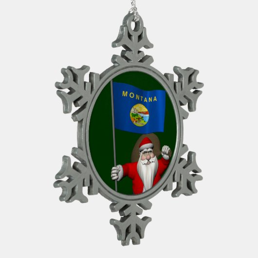 Der Weihnachtsmann mit Abzeichen von Montana Schneeflocken Zinn-Ornament (Links)