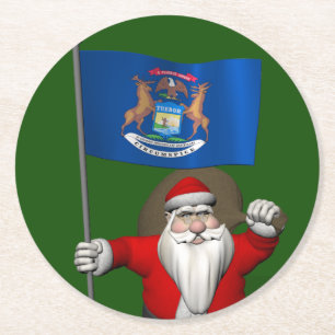 Der Weihnachtsmann mit dem Abzeichen von Michigan Runder Pappuntersetzer