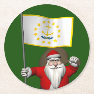 Der Weihnachtsmann mit dem Ensign von Rhode Island Runder Pappuntersetzer