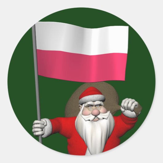 Der Weihnachtsmann mit der Flagge Polens Runder Aufkleber (Vorderseite)