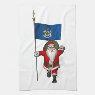 Der Weihnachtsmann mit der Flagge von Maine Geschirrtuch