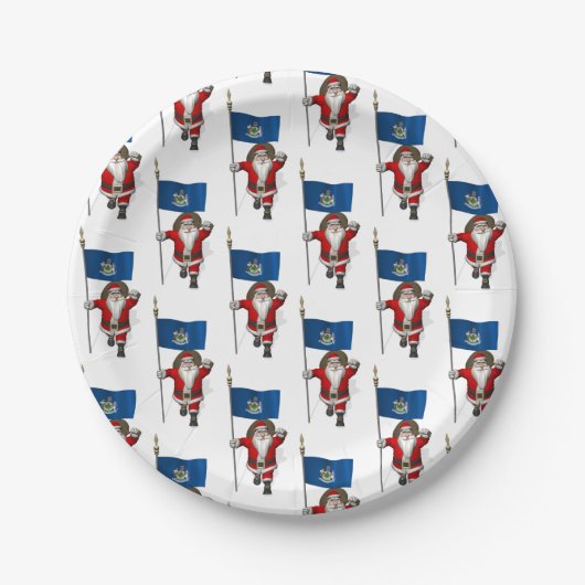 Der Weihnachtsmann mit der Flagge von Maine Pappteller (Vorderseite)