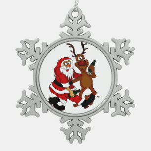 Der Weihnachtsmann mit Elch - Prost it bags! Schneeflocken Zinn-Ornament