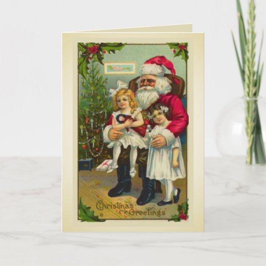 Der Weihnachtsmann mit zwei Mädchen Feiertagskarte (Vorderseite)