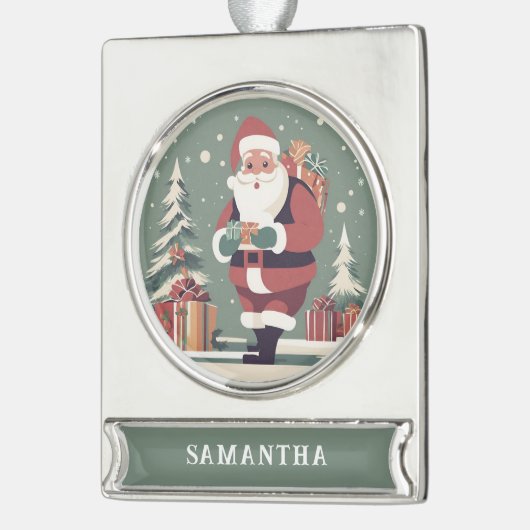 Der Weihnachtsmann Mitte des Jahrhunderts, moderne Banner-Ornament Silber (Links)