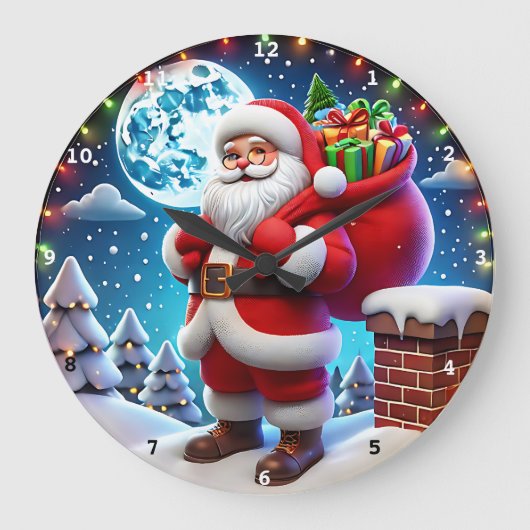 Der Weihnachtsmann präsentiert unter einem Sternen Große Wanduhr (Vorderseite)