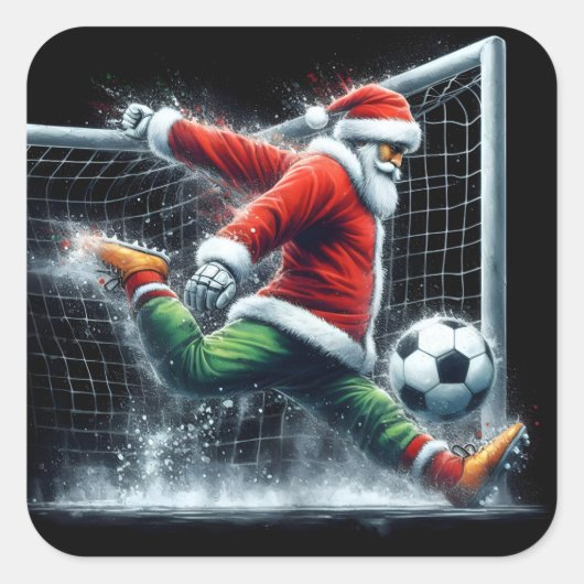 Der Weihnachtsmann startet einen Fußballball im Wi Quadratischer Aufkleber (Vorderseite)