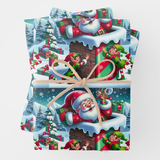 Der Weihnachtsmann steckt in einem Kamin mit spiel Geschenkpapier Set (Beispiel)
