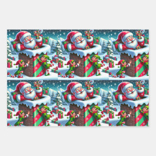 Der Weihnachtsmann steckt in einem Kamin mit spiel Geschenkpapier Set