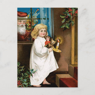 Der Weihnachtsmann steht am Fenster Feiertagspostkarte