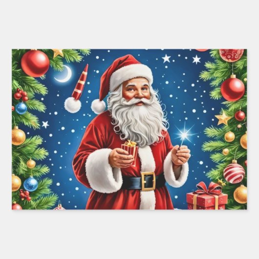 Der Weihnachtsmann steht fröhlich in einer schneeb Geschenkpapier Set (Vorderseite)