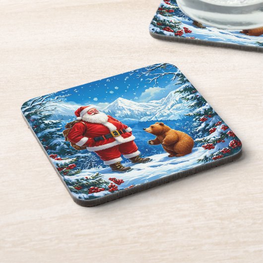 Der Weihnachtsmann trifft sich mit freundlichem Bä Getränkeuntersetzer (Linke Seite)