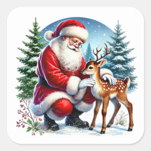 Der Weihnachtsmann und ein junger Rentier im Winte Quadratischer Aufkleber