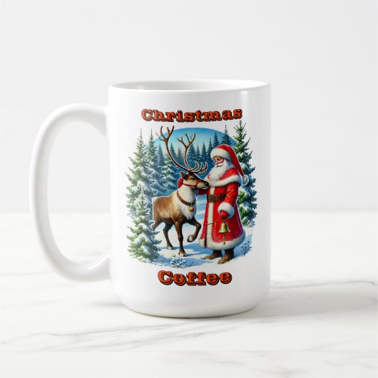 Der Weihnachtsmann und Rentier im Schneewald Kaffeetasse (Links)