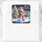 Der Weihnachtsmann und Rentier im Schneewald Quadratischer Aufkleber (Tasche)