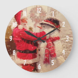Der Weihnachtsmann und Schneemann im Schnee Große Wanduhr