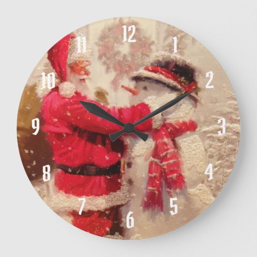 Der Weihnachtsmann und Schneemann im Schnee Große Wanduhr (Vorderseite)