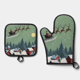 Der Weihnachtsmann und sein Schlitten Ofenhandschuh & Topflappen-Set