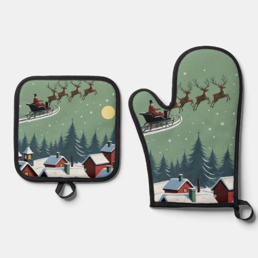 Der Weihnachtsmann und sein Schlitten Ofenhandschuh & Topflappen-Set (Vorderseite)