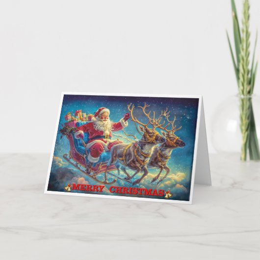 Der Weihnachtsmann und seine Rentiere Karte (Vorderseite)