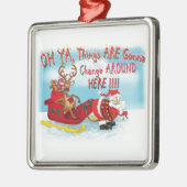 Der Weihnachtsmann zieht Rentiere! Silbernes Ornament (Links)