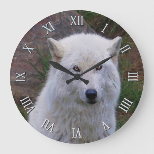 Der weiße Arktische Wolf Wildlife Art Clock Große Wanduhr (Vorderseite)