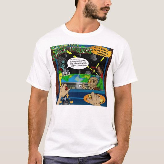 Der Wissenschaftler und die Spaceinvaders T-Shirts (Vorderseite)