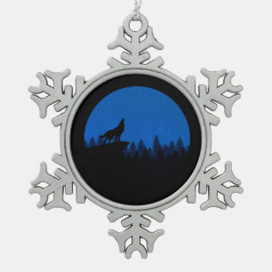Der Wolf heult zum Mond Schneeflocken Zinn-Ornament