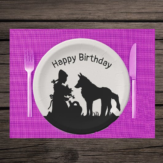 Der Wolf mit Rotkäppchen schwarzer Silhouette Pappteller