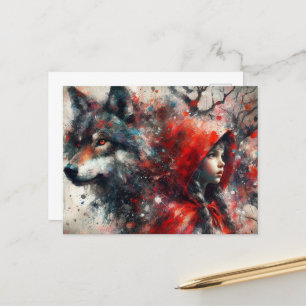 Der Wolf sieht über den kleinen roten Grunge. Postkarte