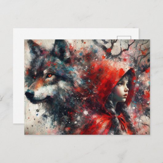 Der Wolf sieht über den kleinen roten Grunge. Postkarte (Vorne/Hinten)
