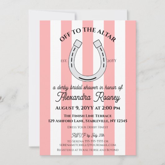 Derby Brautparty Pink Cabana Stripes Horseshoe Einladung (Vorderseite)