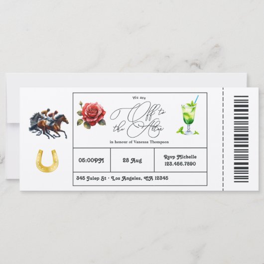 Derby Day "Off to Altar" Brautparty Ticket Einladung (Vorderseite)