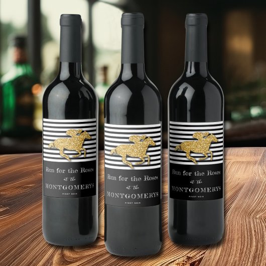 Derby Gold Racehorse and Jockey on Stripes Weinetikett