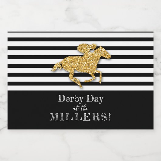 Derby Gold Racehorse auf schwarzen Streifen Schaumweinetikett (Einzelnes Label)