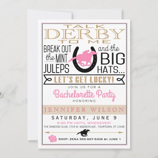 Derby Junggeselinnen-Abschied Black/Gold/Rosa Rose Einladung (Vorderseite)