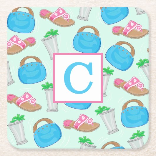 Derby Mint Julep Preppy Monogram Rechteckiger Pappuntersetzer (Vorderseite)